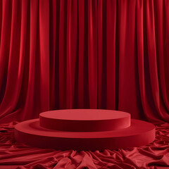 Red Velvet Two-Tier Podium with Curtain Background