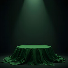 Green Fabric Podium with Spotlight on Dark Background