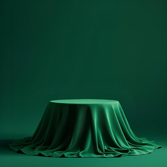 Minimalist Green Podium with Fabric Drape on Green Background
