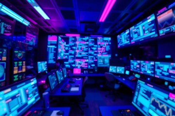 Generative AI control room with multiple monitors displaying data and graphs.