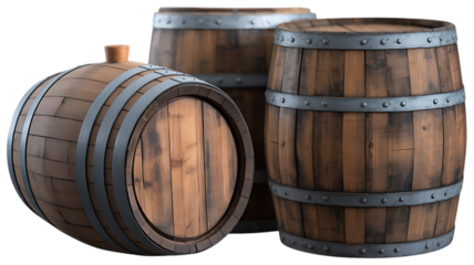 Three rustic wooden barrels, with metal bands and visible wood grain, cutout, PNG isolated on white or transparent background