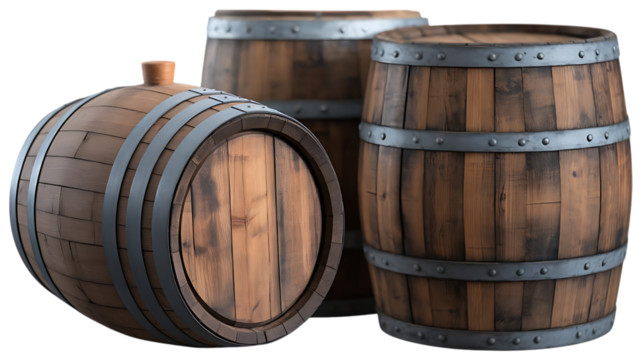 Three rustic wooden barrels, with metal bands and visible wood grain, cutout, PNG isolated on white or transparent background