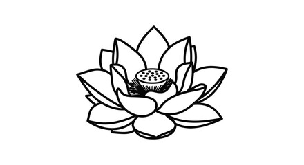 Elegant black and white outline drawing of a blooming lotus flower in silhouette style