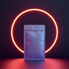 Silver Foil Pouch Mockup with Red Neon Ring Light