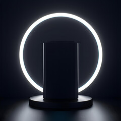 Black Box Packaging Mockup on Podium with White Neon Light