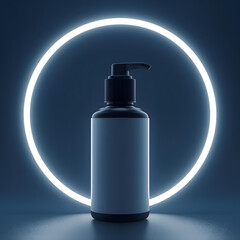 Pump Bottle Mockup with Blank Label and Blue Neon Light