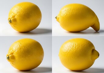 Four bright yellow lemons captured from different angles on a light surface