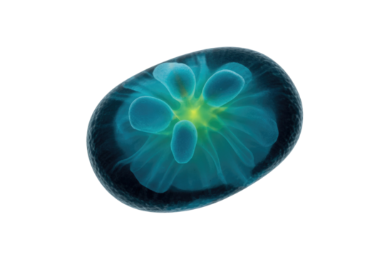 An abstract, microscopic view of a vibrant, bioluminescent cellular structure with a textured membrane and glowing internal components. background removed