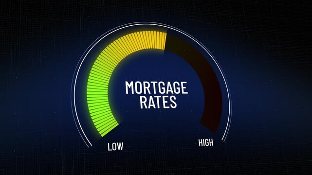 Digital mortgage rates indicator dropping from high danger zone to low green area, symbolizing reduced housing interest and financial relief, economic stabilization, copy space