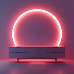 Modern Sideboard Cabinet with Red Neon Ring Light