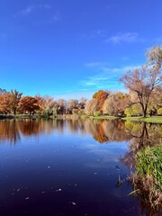 Fantastic vivid and colorful autumn trees reflection on the pure blue lake water, clear blue sky, beautiful golden fall