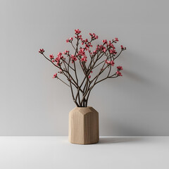 Pink Blossom Branches in a Wooden Vase, Minimalist Decor