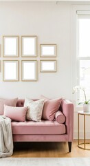 Fototapeta premium Elegant Living Room Interior with Pink Sofa and Gallery Wall.