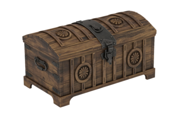 A rustic, antique wooden treasure chest with an arched lid, intricate metalwork, and decorative carvings, ready to hold secrets. background removed