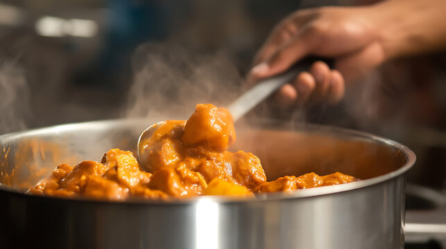 Aromatic Meal Prep: Stirring a steaming pot of savory curry, vibrant orange hues beckon. A hand guides the spoon, mingling spices & hearty ingredients. Simmered perfection awaits!