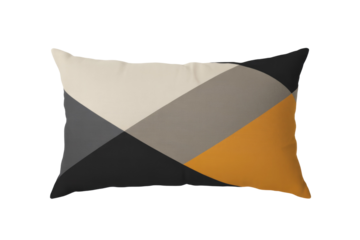 A modern geometric throw pillow featuring cream, grey, black, and orange diagonal blocks, creating a contemporary abstract design for home decor. background removed