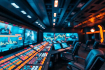 Generative AI futuristic control room with data screens and monitors.