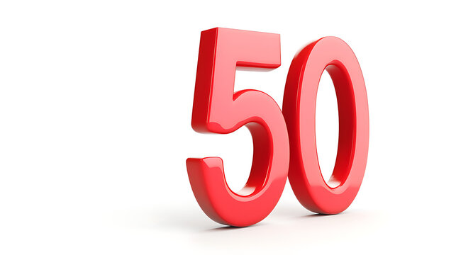 A vibrant, three-dimensional representation of the number 50, cast in a glossy red hue, poised against a crisp white backdrop. A stark visual emphasis on a milestone.