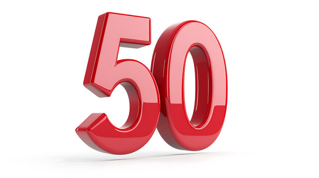 A glossy, red 3D rendered number '50' against a white backdrop. Ideal for use in celebrating anniversaries, special deals, or numerical representations. Perfect for visual projects.