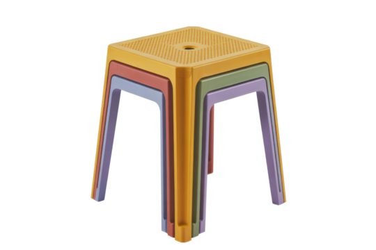 A stack of four colorful plastic stools, yellow, red, green, and purple, neatly nested together, against a plain transparent background. background removed