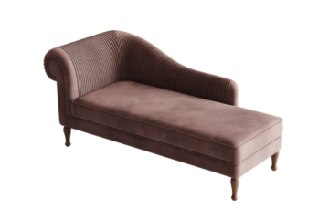 An elegant, velvet chaise lounge in a dusty rose color with pleated detailing and classic turned legs, on a transparent background. background removed