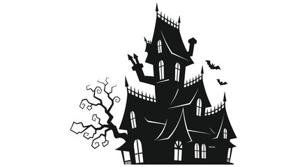 Spooky haunted mansion with bare tree and bats in a dramatic black silhouette against a white background