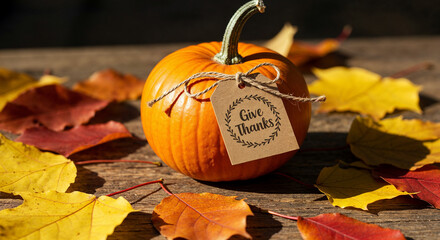 Pumpkin with Give Thanks Tag Surrounded by Autumn Leaves on Wood thanksgiving fall