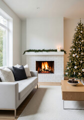 Modern living room interior with Christmas tree and fireplace. Cozy Scandinavian winter home decorated for holidays with minimalist festive design and warm atmosphere.
