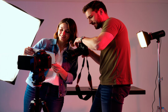 Young woman and young man collaborating in photography studio, adjusting camera settings and reviewing images on digital camera with professional lighting equipment