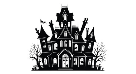 Spooky haunted mansion with gnarled trees and tombstones in a dramatic black silhouette for halloween