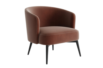 A stylish, modern terracotta velvet armchair with elegant curved arms and black tapered legs, perfect for a chic contemporary living space or office. background removed
