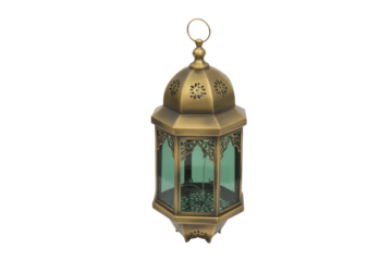 A beautiful antique brass hexagonal Moroccan lantern with intricate patterns and green glass panels, perfect for festive or decorative lighting. background removed