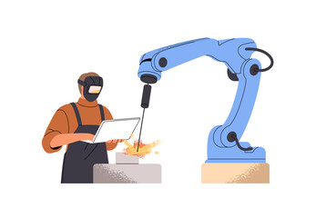 Welder works with manufacturing machine at metallurgical factory. Engineer in safety mask is programming robotic arm for welding at metalworking manufactory. Flat isolated vector illustration on white