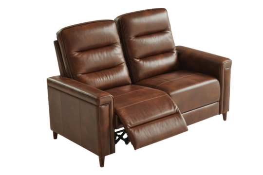 A comfortable two-seater brown leather reclining sofa, or loveseat, with footrest extended, perfect for relaxation in any modern living space. background removed