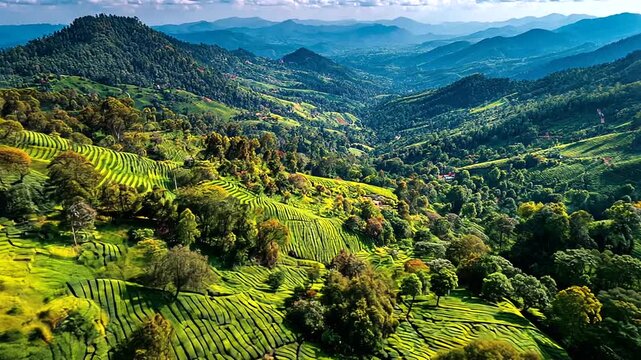 Breathtaking panoramic view of lush green terraced hillsides surrounded by mountains and vibrant