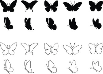 Butterfly icons set, insect collection, black silhouette and outline group, flat and line style vector illustration, flying moth design, decorative butterfly symbol graphic element.