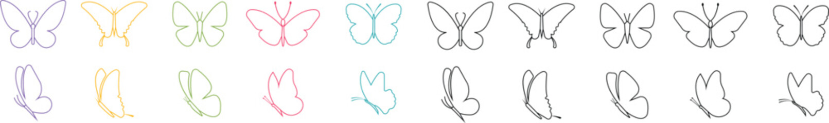 Butterfly icons set, colorful insect collection, black silhouette and outline group, line style vector illustration, flying moth design, decorative butterfly symbol graphic element.