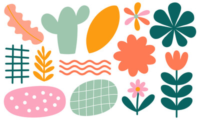 Whimsical abstract botanical shapes and flowers in a playful colorful palette on a black background