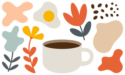 Abstract mid century modern morning scene with coffee cup fried egg and flowers on black background