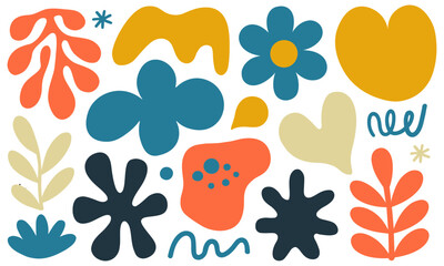 Abstract organic shapes and botanical elements in a vibrant mid century modern palette on a black background