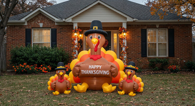 Thanksgiving Turkey Inflatable Decorations in Front of House stock freepik