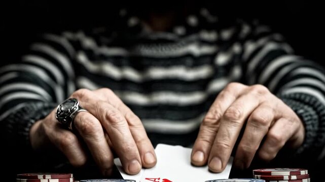 A pair of playing cards (Ace of Spades and Ace of Hearts) held by hands above a poker table on felt