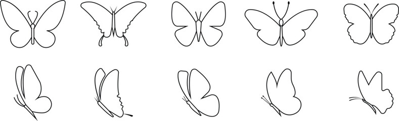 Butterfly icons set, insect collection, black silhouette and outline group, line style vector illustration, flying moth design, decorative butterfly symbol graphic element.