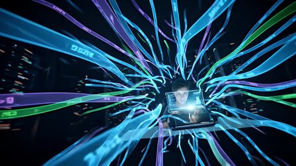 A person with a futuristic tablet is surrounded by vibrant, data-like, colored streams - Powered by Adobe