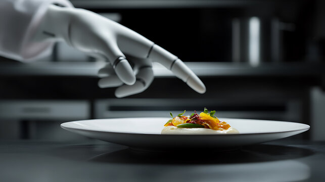 Robotic arm points at gourmet dish: A glimpse into the future of culinary arts, where technology and gastronomy converge to redefine dining experiences. Precision meets palate.