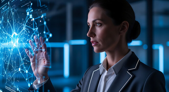 Business woman interacting futuristic technology virtual reality digital interface