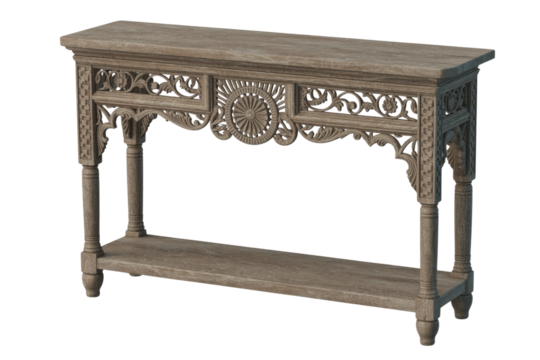 Ornate wooden console table with intricate carvings, a lower shelf, and turned legs, featuring a rustic yet elegant design. background removed