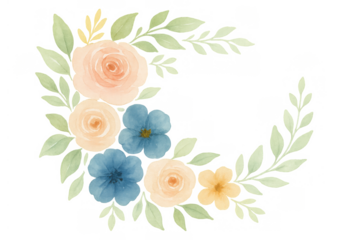 Watercolor floral wreath composition with blooming roses, blue flowers, and green leaves, transparent background