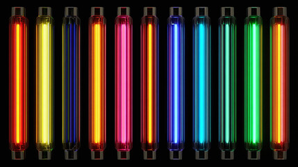 A collection of colorful neon tubes glowing brightly