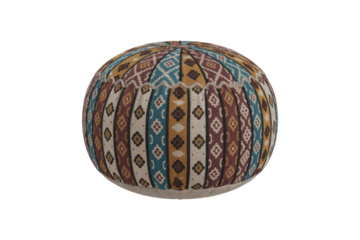 Vibrant, round bohemian pouf showcasing rich tribal patterns in blue, gold, and maroon, perfect for adding warmth and texture. background removed